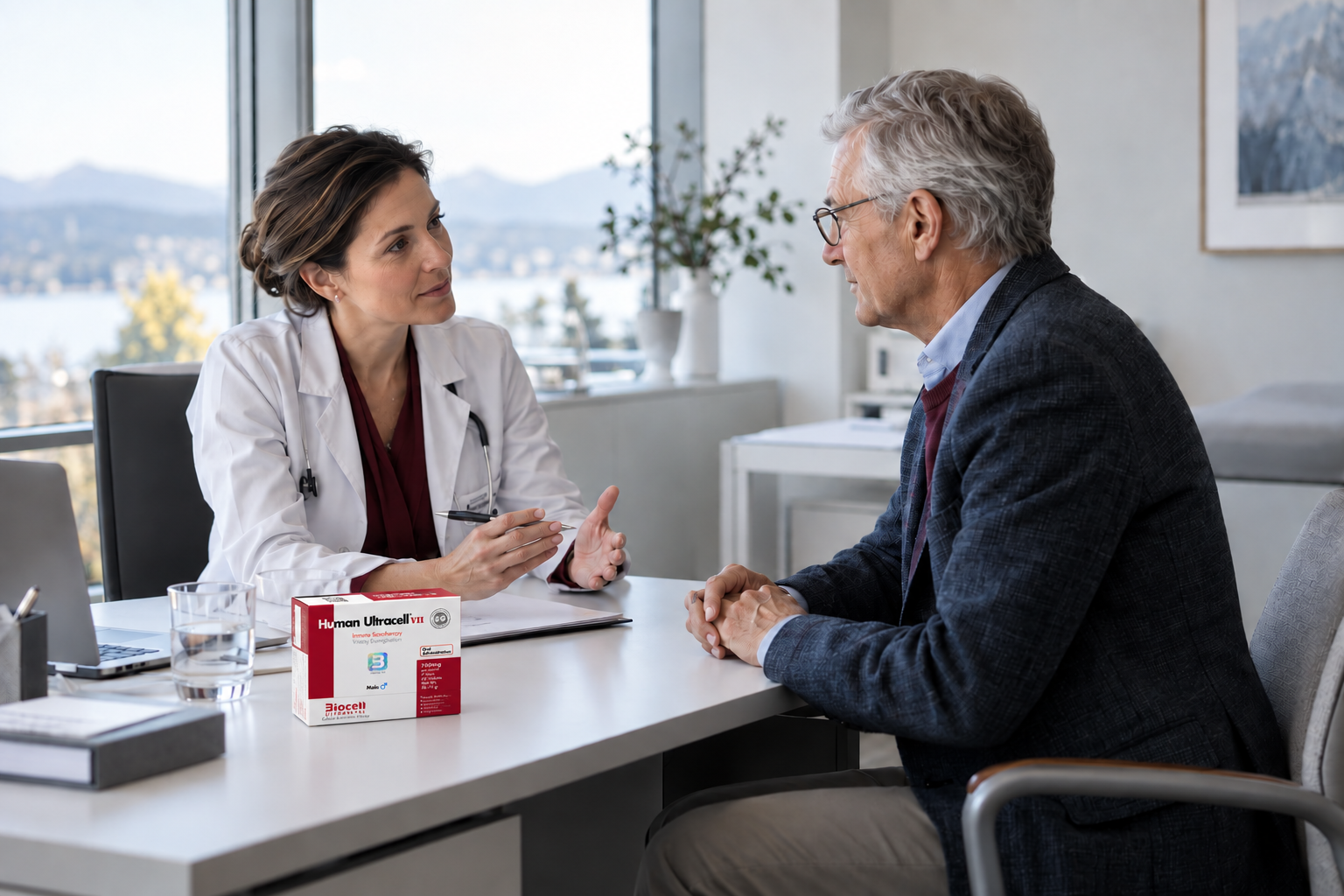 Physician speaking with an older patient with Human Ultracell packaging on the desk
