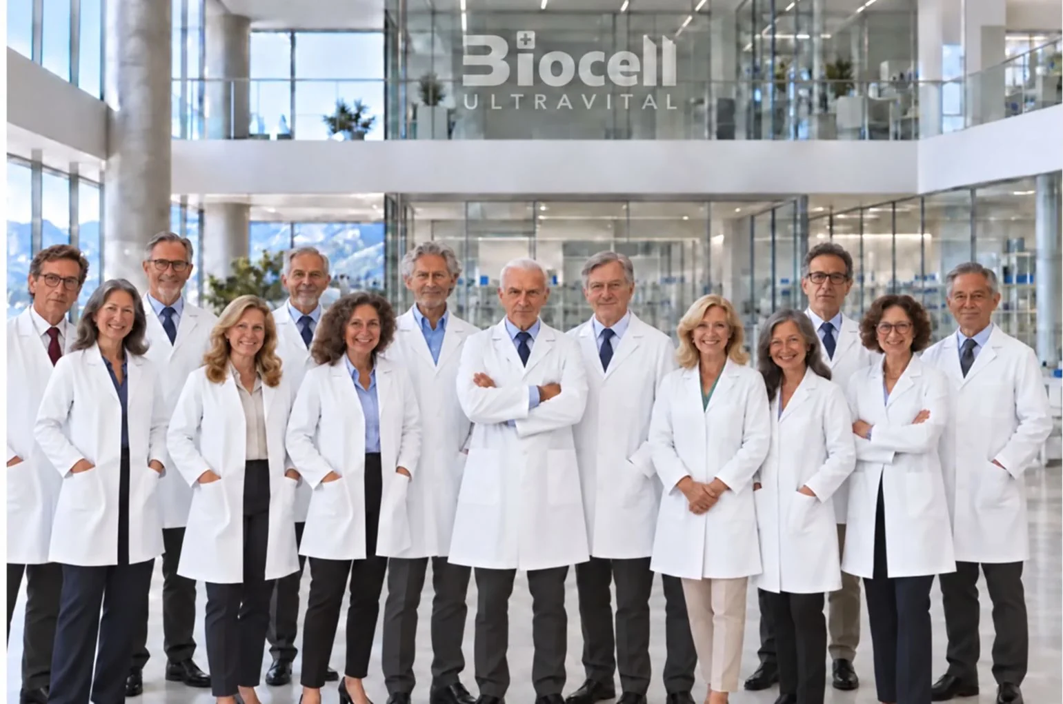 Illustrative mature laboratory team with plain coats and a frosted Biocell logo on glass