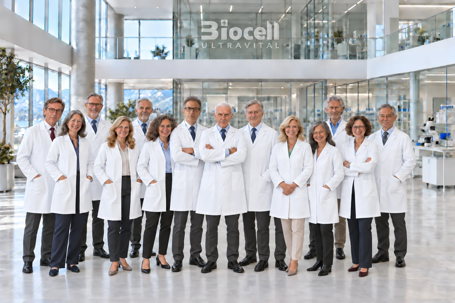 Illustrative mature laboratory team with plain coats and a frosted Biocell logo on glass