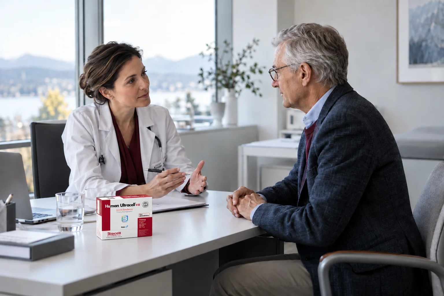 Physician speaking with an older patient with Human Ultracell packaging on the desk